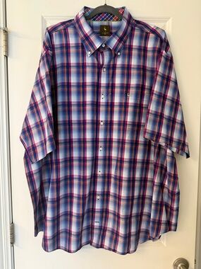 Tailorbyrd Blue and Purple Plaid Short-Sleeve Button-Down Shirt